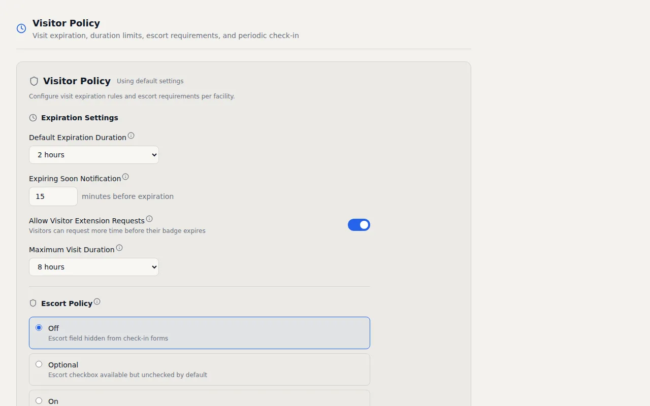 VisitorLog audit log showing timestamped entries for visitor actions, setting changes, and user management events