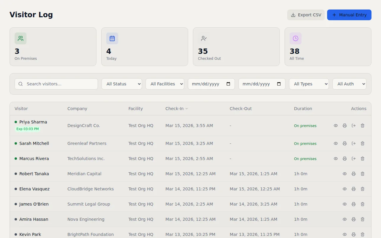 VisitorLog visitor list showing active check-ins with visitor names, companies, check-in times, and visit durations