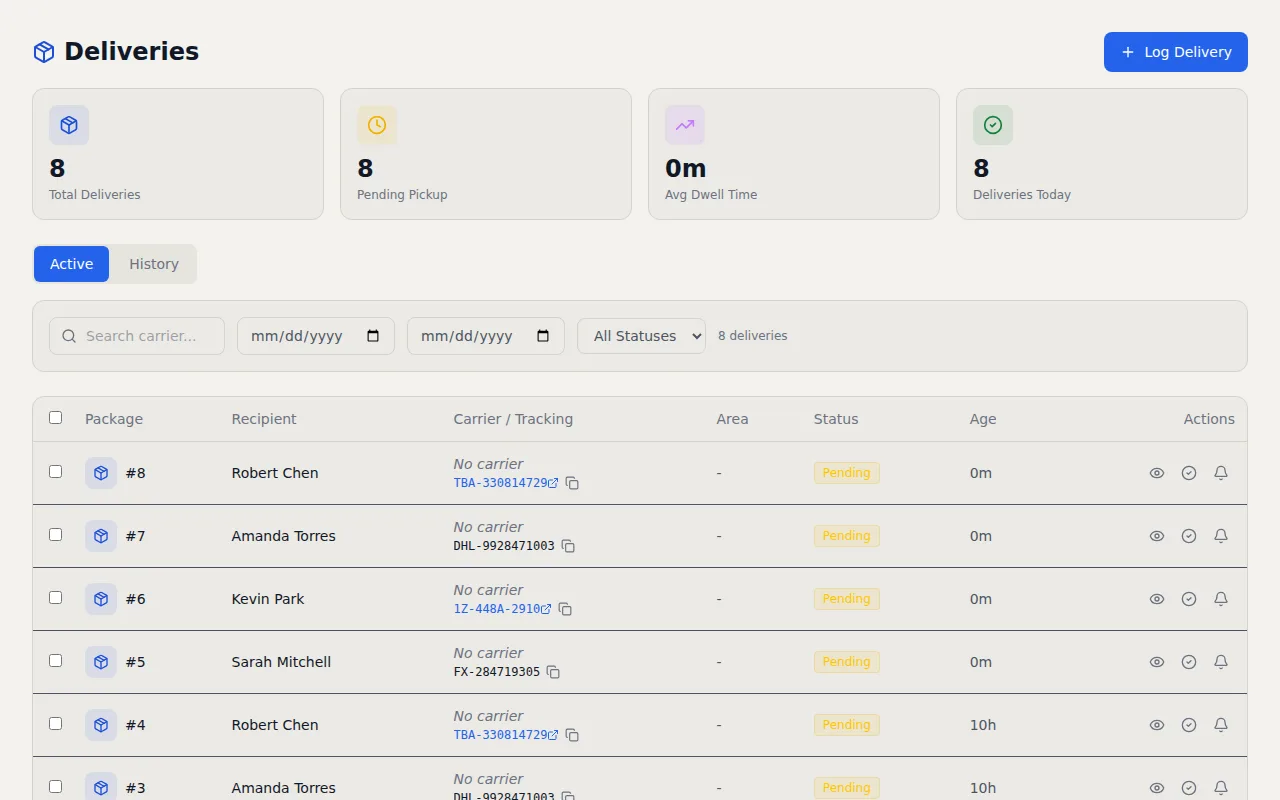 VisitorLog delivery log showing incoming packages with carrier info, recipients, and pickup status